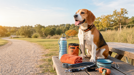 Dog travel essentials in a clean car with a seat cover and water bottle