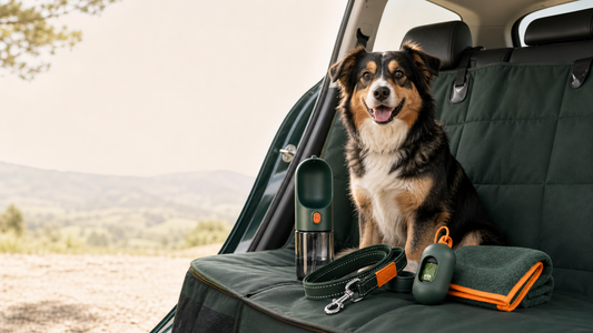 Dog travel essentials with a waterproof car seat cover and pet travel accessories